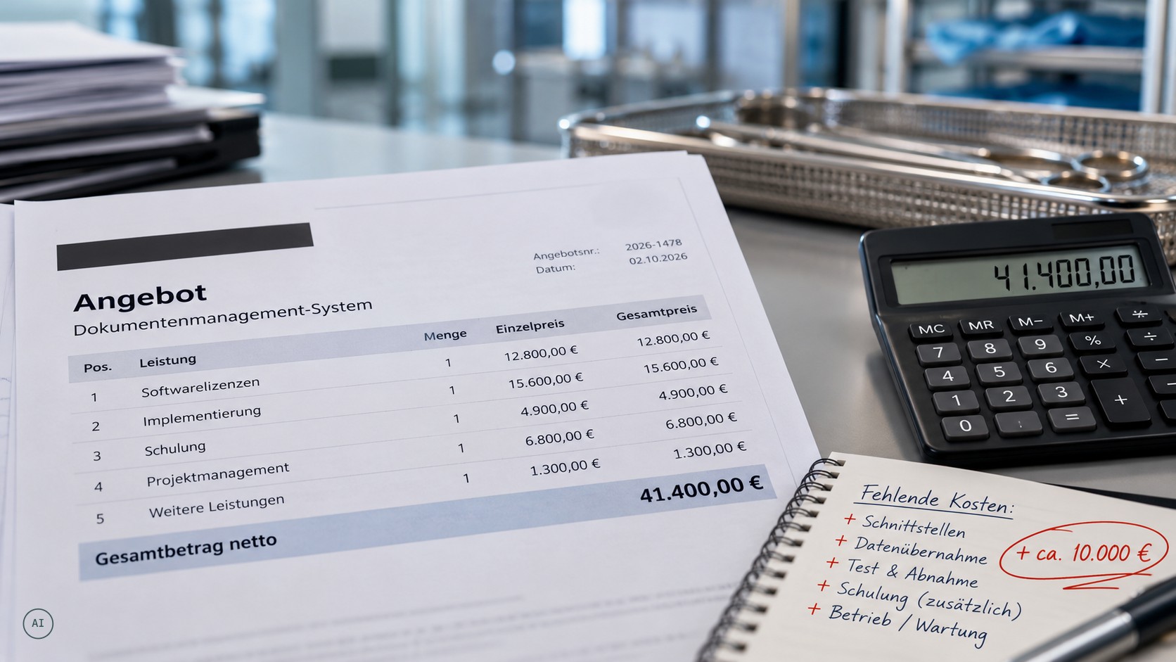 Angebot für ein Dokumentenmanagement-System über 41.400 € auf einem Schreibtisch, daneben ein Notizblock mit handschriftlich notierten fehlenden Kostenpositionen und der Summe von rund 10.000 €