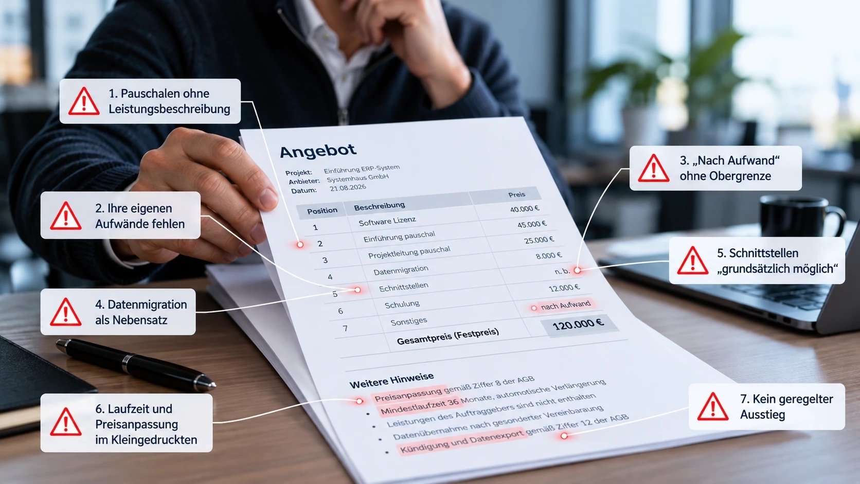 Softwareangebot prüfen: ERP-Angebot über 120.000 € mit markierten Warnsignalen von Pauschalen bis fehlendem Ausstieg